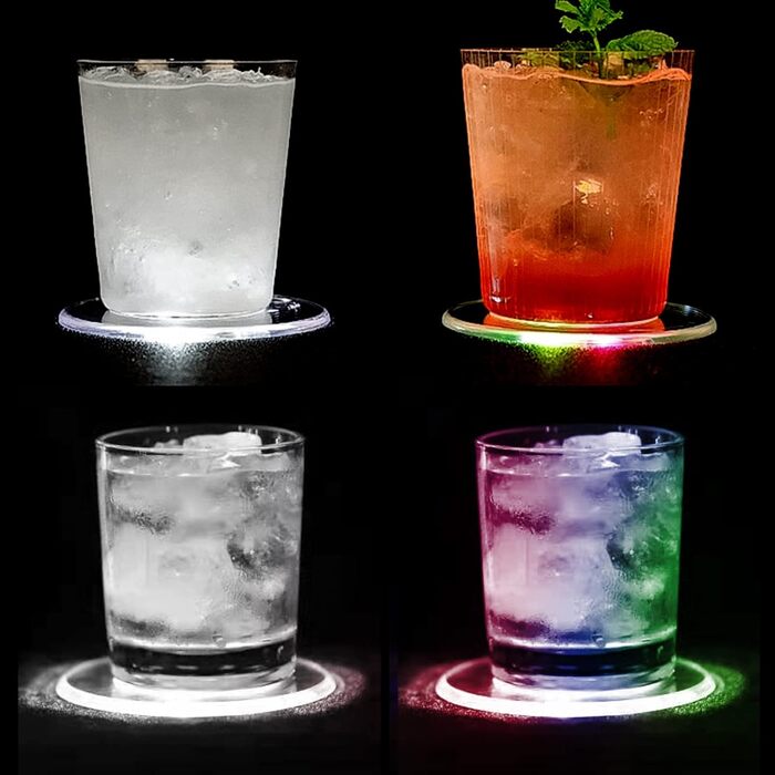 MEDOYOH Cool White LED Coasters, Glowing for Drinks, ON/Off Switch, Drink Coaster Set, Waterproof Acrylic Coasters Round for Glasses Bottles Parties Weddings Bar Christmas Pub (Colorful LED Coasters, Set of 4)