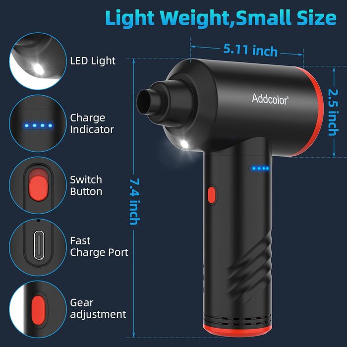 Електричний пилосос для повітряного видування ADDCOLOR, 3 швидкості, 100000 об/хв, LED-підсвічування, акумулятор 6000mAh, набір для чищення ПК, авто, дивану (чорний)
