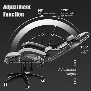 Геймерське крісло Bigzzia Ergonomisch з підтримкою попереку та голови, регульована висота, для підлітків та дорослих, чорно-біле