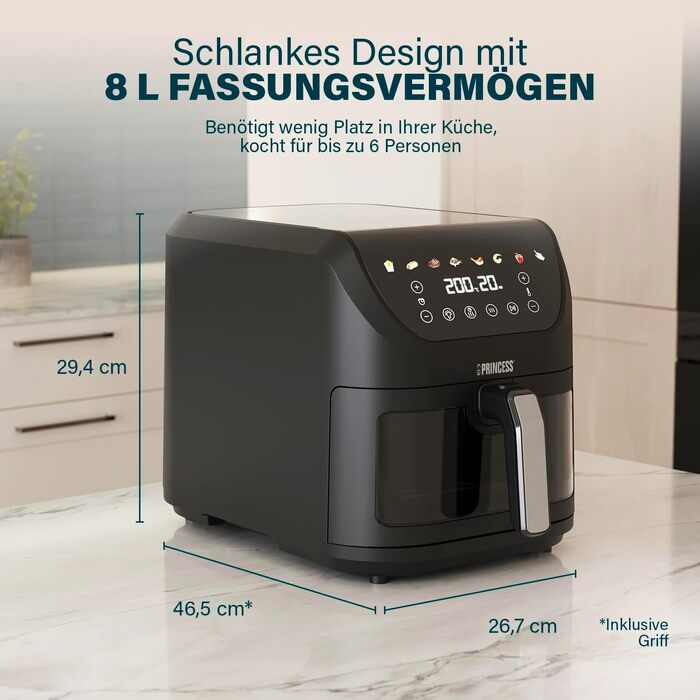 Princess SlimFry Hot Air Fryer 8 L, space-saving, fat-free cooking technology, 8 programs, viewing window, powerful (2000 W) and quiet operation (55 db), Black, Airfryer 01.182258.01.001 COMPACT, SLIM DESIGN 8L