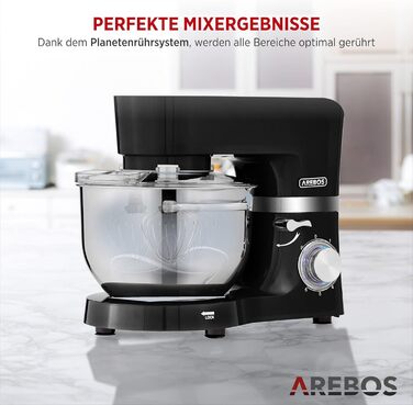 Кухонна машина Arebos 1500W з двома чашами з нержавіючої сталі (4.5L та 5.5L) | Кухонний міксер з набором насадок (мішалка, гак для тіста, вінчик) | 6 швидкостей, тиха робота, з кришкою