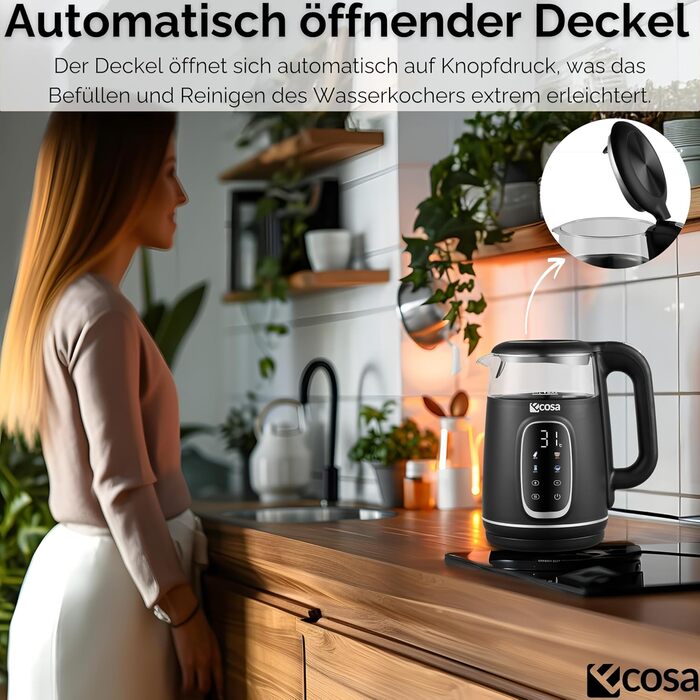 Електрочайник Ecosa® зі скляною колбою та регулюванням температури, 1,7 л, 2200 Вт, не містить BPA, з підігрівом та LED-підсвічуванням (Black Pearl)