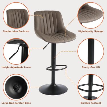 Youhauchair 2-Piece Swivel Bar Stools with Backrest - Adjustable Height PU Leather Bar Stools for Kitchen & Bar - Brown
