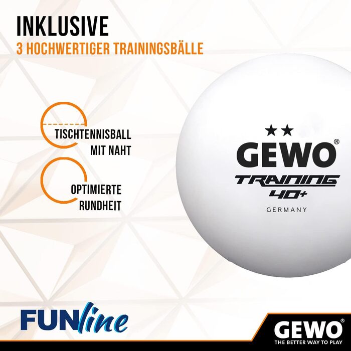 Набір для настільного тенісу GEWO Fun – комплекти від 1 до 4 ракетки, м'ячі, сумка та сітка – для початківців, хобі та відпочинку. Поверхня з гумовими ніжками, ергономічна ручка. Комплект 2 ракетки + 3 м'ячі + сітка