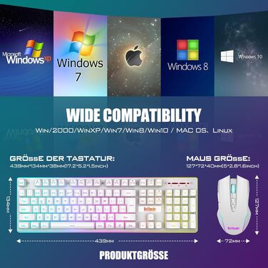 RedThunder K10 Бездротовий Ігровий Набір Клавіатури та Миші, QWERTZ DE Розкладка, 3000mA Батарея, 3200 DPI для Геймерів (Білий)