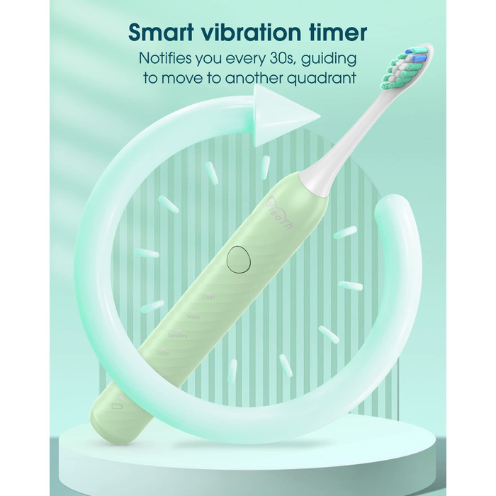 Електрична зубна щітка для дорослих з 6 насадками, акумуляторна звукова, 180 днів роботи, світло-зелена