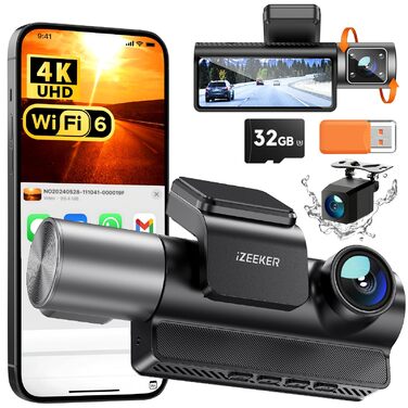 Відеореєстратор iZEEKER 3-канальний 4K з картою 32GB: передній, задній, внутрішній, WiFi 6, нічна зйомка
