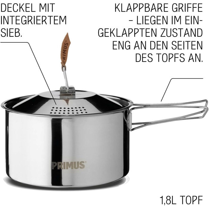 Набір посуду Primus Outdoor Campfire Cookset - нержавіюча сталь, 1.8 л, 21 см, для кемпінгу та приготування їжі на вогні та газових плитах