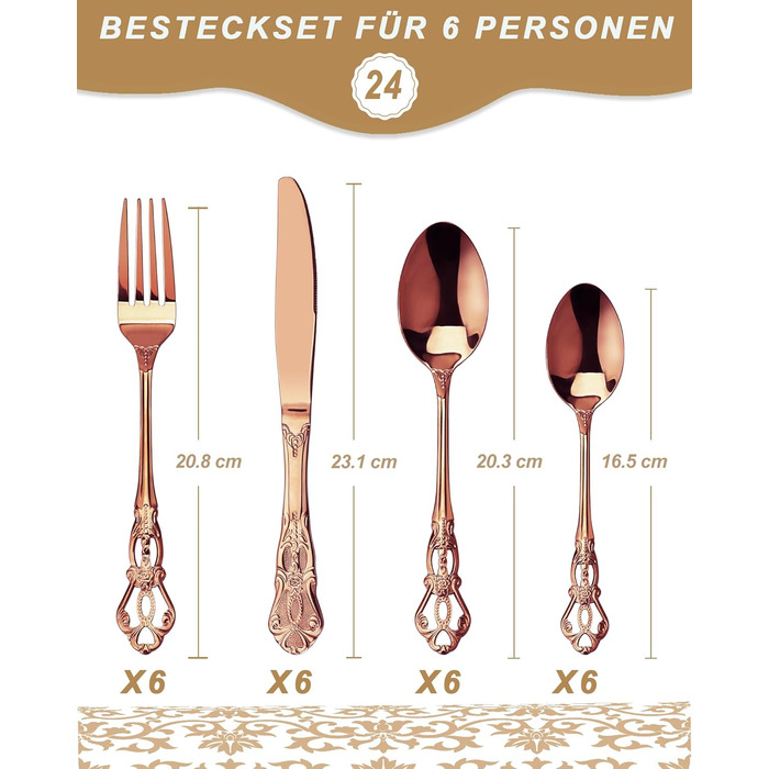 Набір столових приборів Retro на 6 осіб з нержавіючої сталі (рожеве золото, 24 предмети) - вишуканий сервіз в античному бароковому стилі: виделки, ложки, ножі
