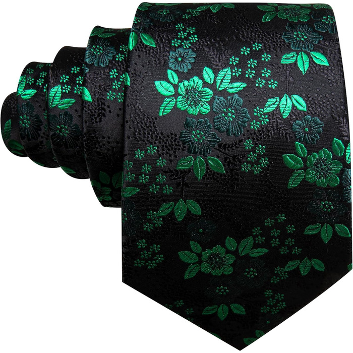 Комплект краваток Barry.Wang: краватка, кишеньковий хустинка та запонки. Чорний колір з зеленим квітковим візерунком, для весілля та ділових зустрічей