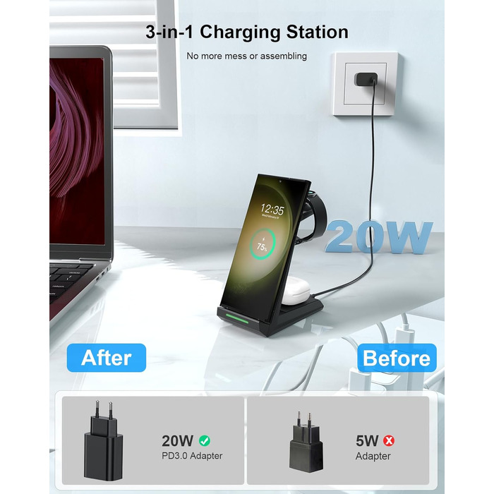 Зарядний пристрій NANAMI 3-в-1 для Samsung Galaxy Watch, Buds та смартфонів S25, S24, S23, Z Flip, Z Fold (чорний)