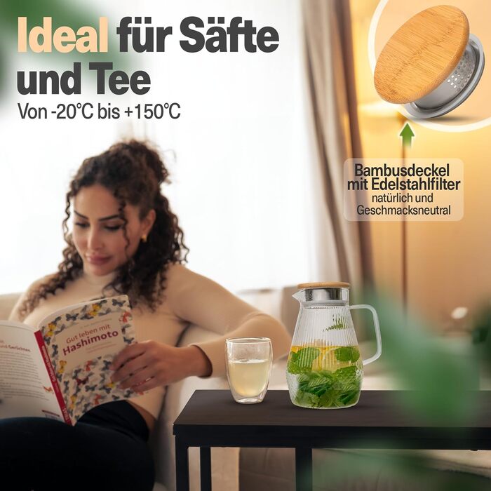Water Carafe I 1.5 Liter I Reinforced Glass Thickness I Carafe Suitable for Hot & Cold Drinks I Drip-Free Spout I Modern Glass Carafe I Glass Teapot I Robust Glass Carafe with Lid