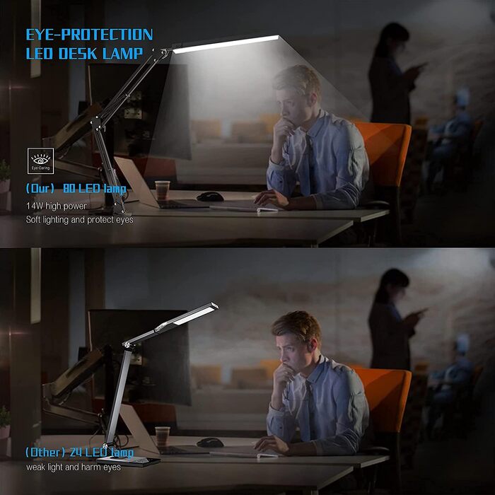 SKYLEO Dimmable Desk Lamp with Clip - Eye Protection LED Desk Light - 3 Modes & 10 Brightness Levels - Black