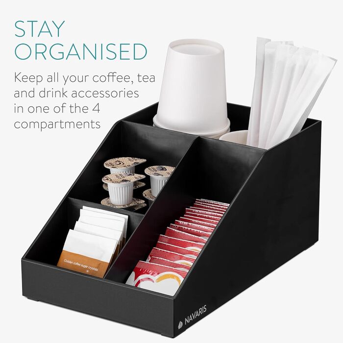 Navaris Coffee Dispenser Organizer - Accessory Storage - Coffee Bar for sugar, milk, napkins, capsules - Coffee Station with 7 Compartments (4 compartments, Black)