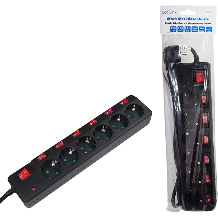 Смуга живлення LogiLink LPS233 6-fach з вимикачами та захистом від перенапруги (Schutzkontakt) - CEE 7/3, з дитячим замком, чорна