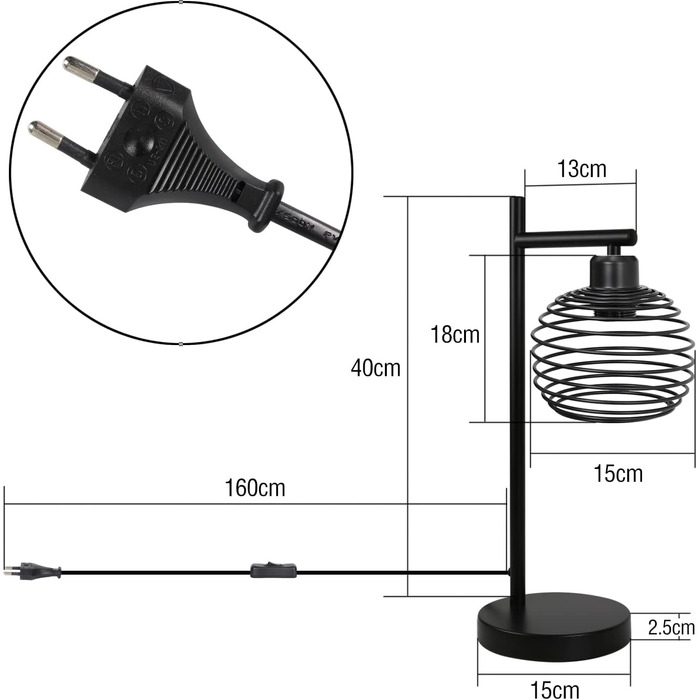 Стійка лампа ZMH Vintage, чорна, для спальні, вітальні, дитячої кімнати, офісу, металева, Е27, 60W, ретро, з вимикачем, без лампочки