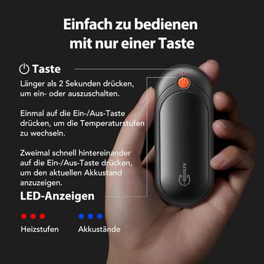 Електричні грілки для рук 2 шт. з акумулятором 2000mAh, повербанк 10000mAh, 5 температурних режимів, USB, до 24 годин, для дітей, чоловіків, жінок (чорний, компактний)