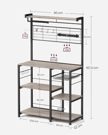 Стелаж кухонний VASAGLE, підлоговий, з магнітною смугою для ножів, кошиком, тримачем для рушників, 12 гачків, вінтажний, коричнево-чорний KKS026B01 (Грейж + Чорний)
