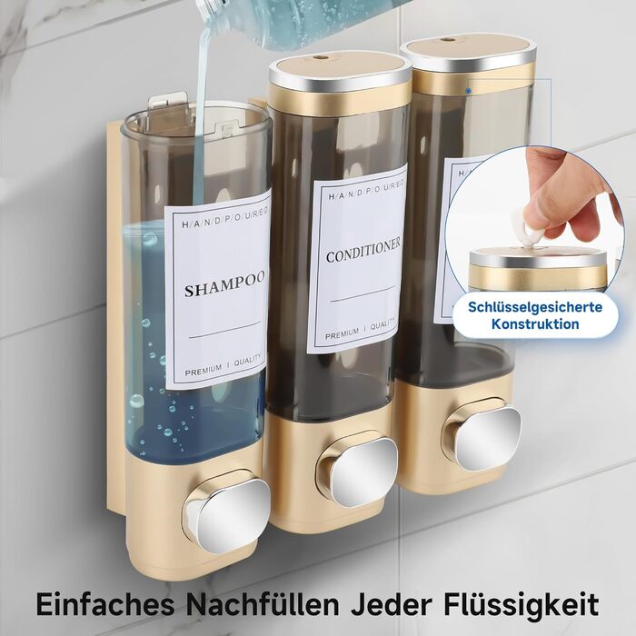 Настінний диспенсер для мила, гелю для душу та миття рук, 3 камери, ABS пластик, без свердління, для готелів та дому, 300 мл, золотий