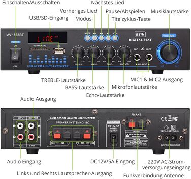 LiNKFOR стерео підсилювач Bluetooth для дому та авто з FM-радіо, USB/SD/MP3, LED-дисплей, HiFi аудіо, 29.5×23×10 см