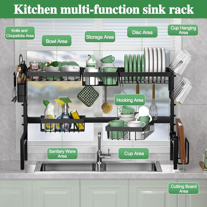 Регульована сушилка для посуду на 2 яруси, 66-85 см, чорна, з 4 кошиками для столових приборів та тримачем для напоїв