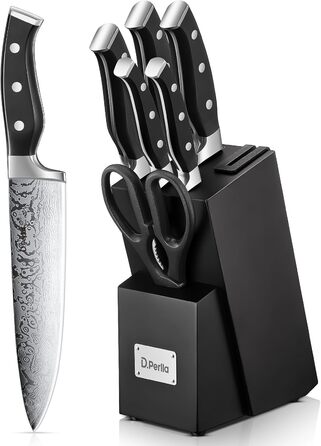 D.Perlla Self-Sharpening Knife Block Set - 7 Piece Stainless Steel Knife Set with Plastic Handle & Wooden Block - Professional Kitchen Knife Set, Black