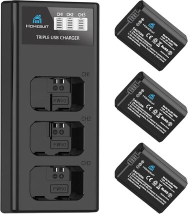 Акумулятор NP-FW50 Homesuit 1300mAh та LCD-зарядний пристрій для Sony Alpha A6000 A6300 A6400 A6500 ZV-E10 7RM2 A7SM2 A7M2 A7 II A7R II A7S II A55 A5000 A5100 A3000 RX10 II III IV NEX-3/5/6/7 NEX-F3 (3 шт.)