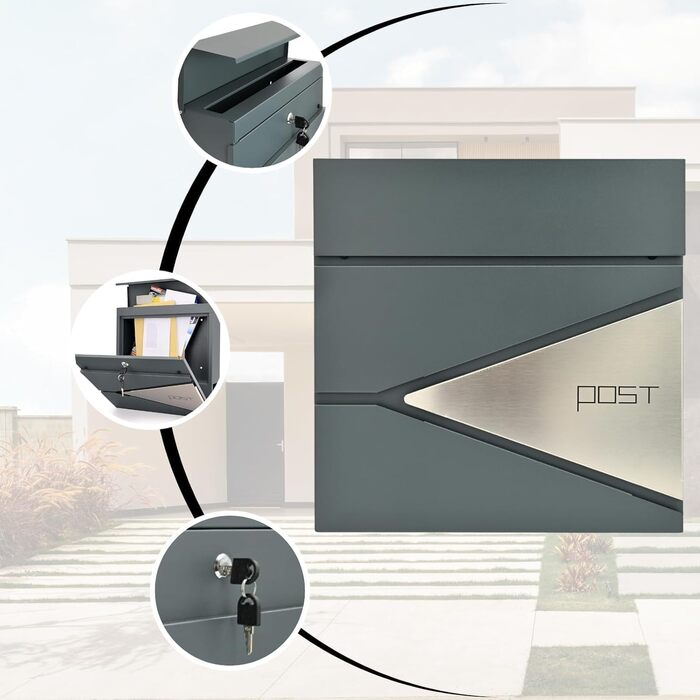 Поштовий ящик Verda з газетницею, антрацит, 37x37x11 см, 2 ключі, настінний, з XL газетницею, замикається