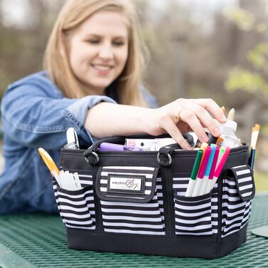 Everything Mary Blaugruner, geometric deluxe store and tote bag, organizer for crafts, sewing, paper, art, desk, canvas, accessories, storage with handles for travel (black and white stripes)