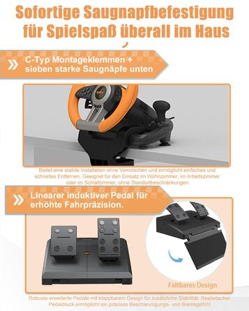 PXN V3 Pro - Геймерське кермо з педалями, 180°, вібрація, перемикач передач, paddle shift, для PC, PS4, PS3, Xbox, N Switch (Orange)