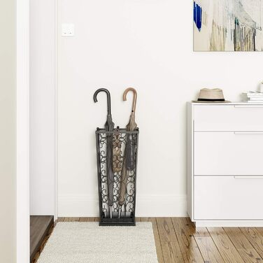 AcornFort Large Black Metal Umbrella Stand with 4 Hooks - Entryway, Office, Hallway Storage - Water Resistant Base (56x25x25cm)