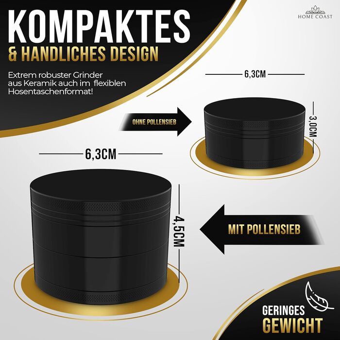 Керамічна трав'яна млинка Home Coast Premium, чорна, 4-частинна, Ø63мм, з аксесуарами (коробка, набір для чищення, сумка), для спецій та трав