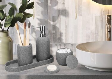 Набір аксесуарів для ванної кімнати з штучного каменю, 5 предметів: диспенсер для лосьйону, мильниця, тримач для зубних щіток, попільничка, тримач для ватних паличок, сучасний декор для ванної кімнати (сірий)
