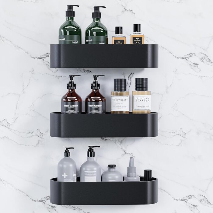 Geeqzeel Shower Caddy No Drilling, No Nails, Adhesive Shower Shelf, Aluminum, No Damage to Wall, Hanging, Matte Finish, for Bathroom, Kitchen, 3-Piece
