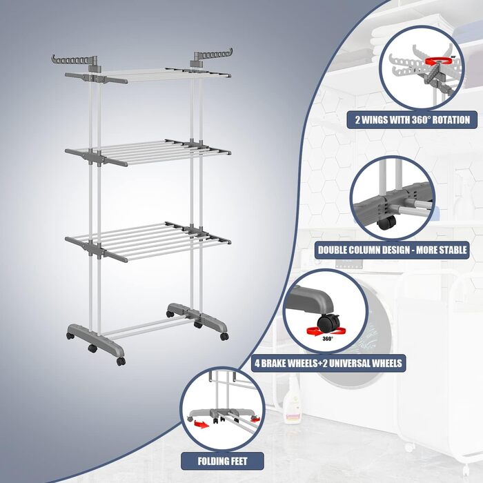 Сушарка для білизни тур-тип на коліщатках, сіра. Розкладна конструкція, 6 крил, 2 бічні крила, для дому та вулиці