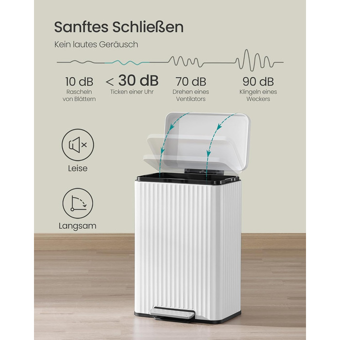 Відро для сміття SONGMICS з педаллю 50л, сталь, з кришкою Softclose, знімний внутрішній відро, білий (LTB586LZ02) + 15 пакетів для сміття