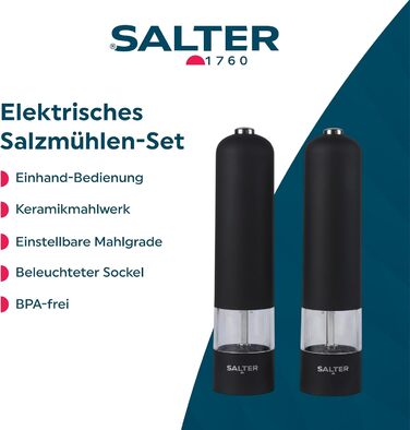 Набір електричних мельниць для солі та перцю Salter – зручне управління однією рукою, керамічний млин, регульований ступінь помелу, стильний чорний корпус з підсвічуванням