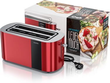 Тостер Arendo з нержавіючої сталі, 4-х секційний, з широкими слотами, сенсорний дисплей, подвійні стінки, 1500 Вт, підставка для булочок, 6 рівнів підсмажування, центрування хліба, індикатор часу, функція пам'яті (червоний)
