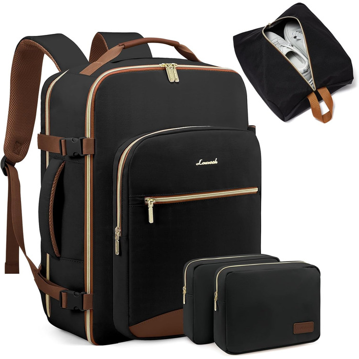 Рюкзак LOVEVOOK для ручної поклажі в літак, 40L, великий, для жінок, валіза-рюкзак, водонепроникний, для ноутбука 17 дюймів, для подорожей, бізнесу, відпочинку, хайкінгу, вихідних (L, чорний+коричневий)