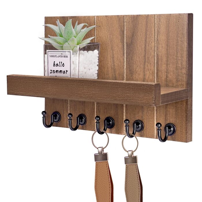 Дерев'яне ключове дощечка з полицею, 5 гачків, для прихожої, спальні, вітальні (колір: коричневий)