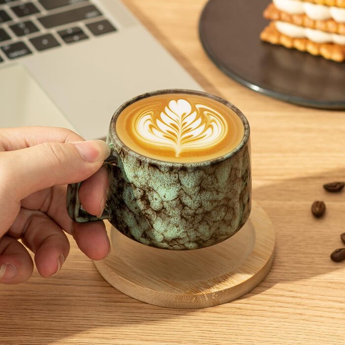 Набір чашок для еспресо 190 мл з дерев'яними підставками, 4 шт. (Бежевий+Циан+Темно-синій+Темно-зелений)