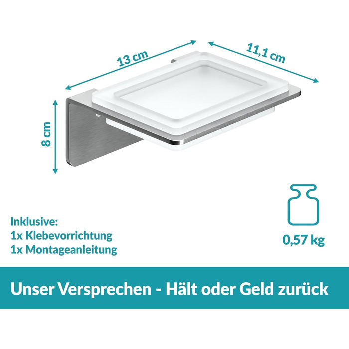 WEISSENSTEIN Soap Dish Wall Mount No Drilling - Glass Soap Holder with Self-Adhesive Stainless Steel Bracket - For Bathroom and Kitchen