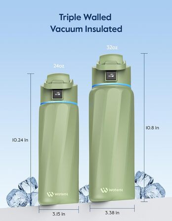 Смарто-пляшка WaterH Boost з нагадуванням про воду, 710 мл, зелена. Вакуумна ізоляція, нержавіюча сталь, BPA-free. Пляшка з APP для контролю пиття