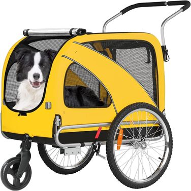 Трансформер для собак XL: велосипедний/біговий, 2-в-1, з гальмом та світловідбивачами, 600D Oxford, до 40 кг, жовтий