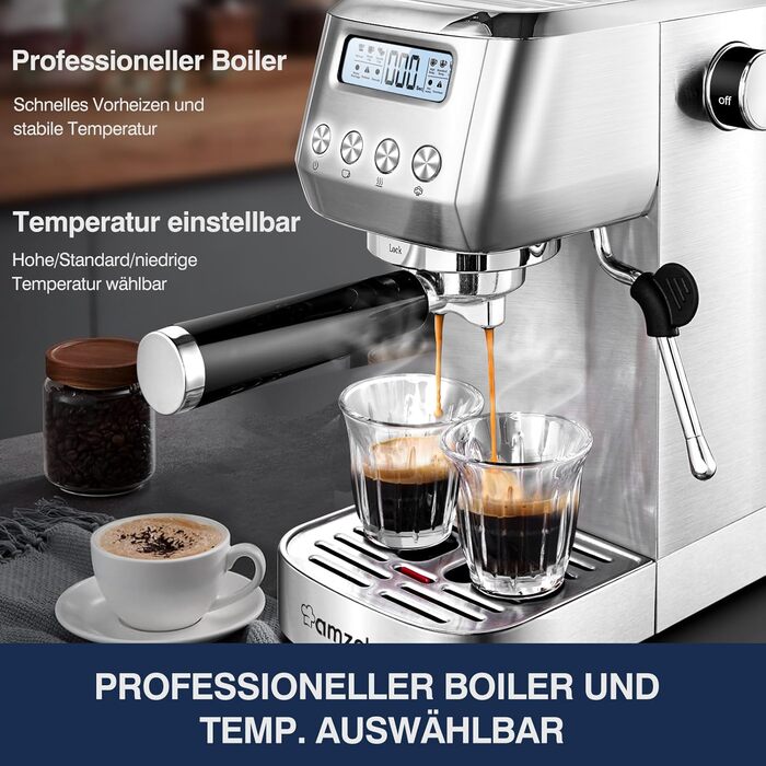 AMZCHEF Espresso Machine 20 Bar | Espresso Machine with Milk Frother | Semi-Automatic Espresso Machine with 2-IN-1 Portafilter for Single and Double Shots | Espresso Machine with Removable Water Tank 1.3 L 1.3L
