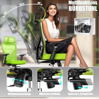 Крісло офісне KESSER® ергономічне з регульованими підлокітниками, підтримкою попереку та підголівником. Офісне крісло з функцією гойдання до 125° та 5 роликами. Зелений/Сріблястий колір