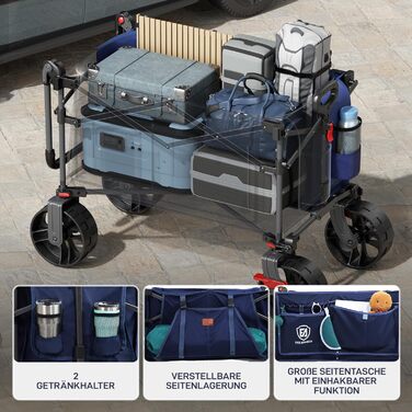 Візок-садок EVER ADVANCED XXL 225л (до 150кг) з гальмами, дахом, колесами 20x8см – для кемпінгу, пляжу, покупок, транспортування тварин (Синій, Великий)