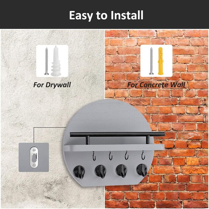 Настінна вішалка для ключів Nekon з полицею та 8 гачками, 24.8 см, сірий колір, декор для дому