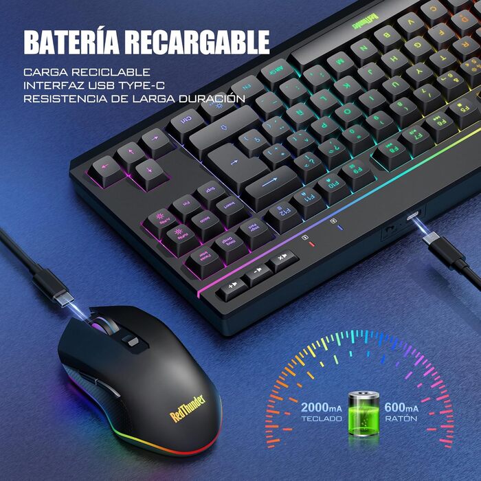 RedThunder K20 TKL Бездротова ігрова клавіатура, RGB-підсвічування, акумулятор, QWERTY ES-клавіатура, 6 мультимедійних клавіш, USB для PC/Mac