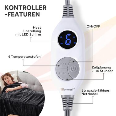 Електрична ковдра Warmrest, фланель, 130x180 см, 6 температурних режимів, таймер 1-10 год, автовимкнення та захист від перегріву, можна прати, сірий колір